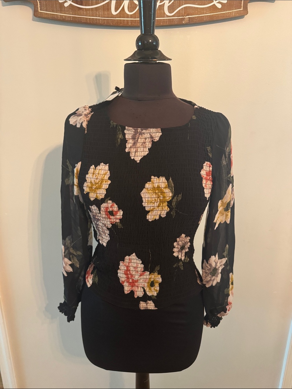 Dynamite Black Floral Smocked Long-Sleeve Blouse, Sheer